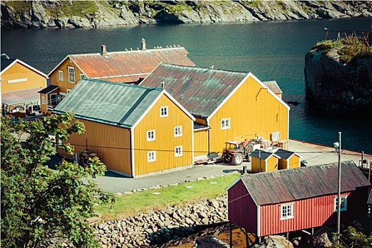 红色,黄色,木质,捕鱼,小屋,挪威