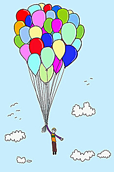 男孩,漂浮,气球,插画