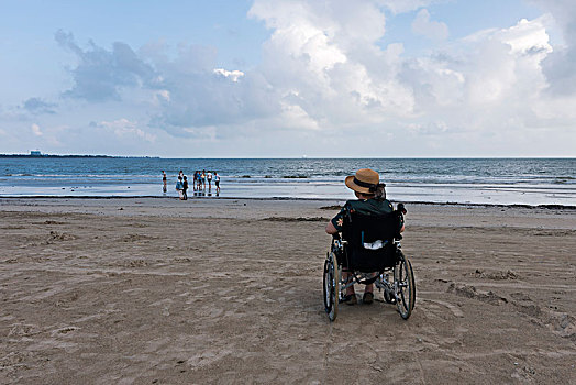 坐在轮椅上看海的老人