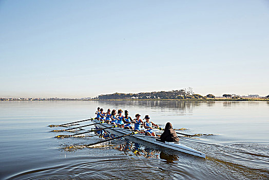 女性,划船,团队,短桨,平和,湖