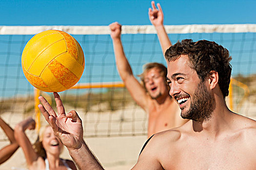 群体,朋友,女人,男人,玩,沙滩排球,一个,正面,球