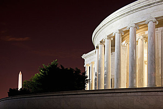 美国,华盛顿,华盛顿特区,杰佛逊纪念馆,华盛顿纪念碑,远景,夏天,晚间