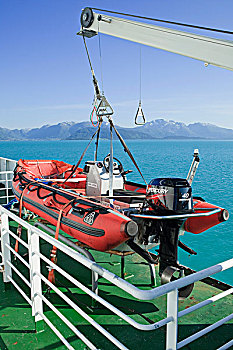 救助,船,悬挂,钩,渡轮,哈德安格峡湾,卑尔根,挪威,斯堪的纳维亚,欧洲