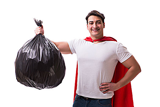 超人,男人,垃圾,袋,隔绝,白色背景