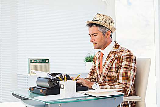 复古,男人,帽子,打字,打字机