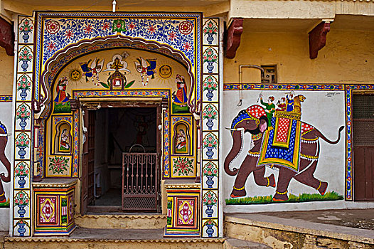 传统,涂绘,入口,邦迪,拉贾斯坦邦,印度,亚洲