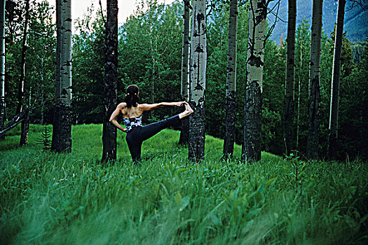 女青年,瑜珈,高草,树林,班芙国家公园,艾伯塔省,加拿大