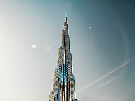 局部,哈利法,最高,人造,建筑,世界,飞机,太阳,反射,迪拜,阿联酋