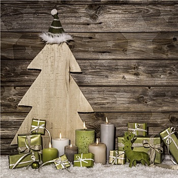 自然,圣诞装饰,绿色,褐色,木质背景,礼物,蜡烛
