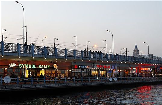 加拉达塔,桥,光亮,餐馆,地下室,傍晚,伊斯坦布尔,土耳其