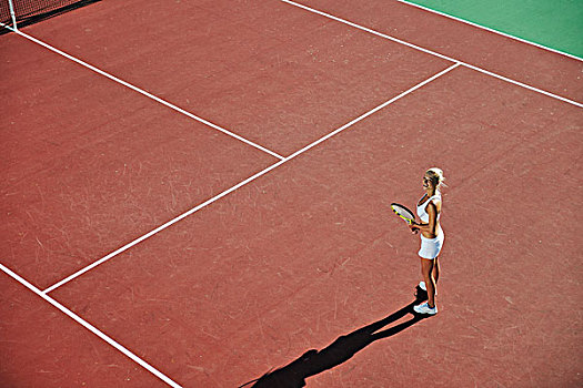 年轻,健身,女人,玩,网球,户外,橙色,场地,早晨