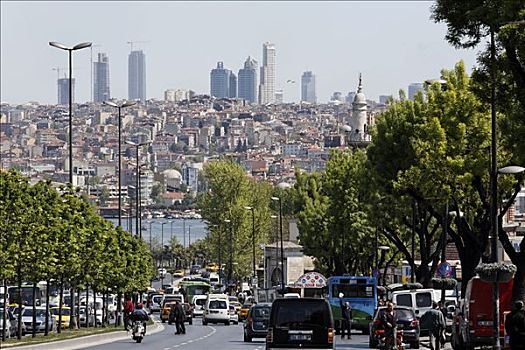 远眺,金角湾,天际线,现代,高层建筑,伊斯坦布尔,土耳其