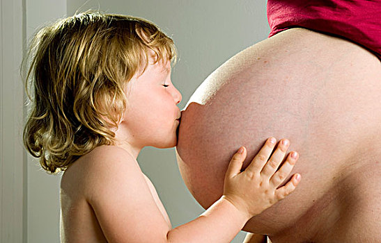 孩子,吻,肚子,怀孕,母亲