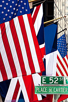 美洲,英国,法国,旗帜,户外,卡地亚,商店,第5大道,街道,曼哈顿,纽约,美国