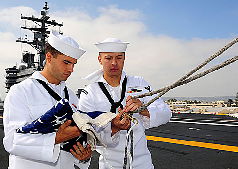 水手,准备,抬起,美国国旗,飞行甲板,里根号,航空母舰,美国海军