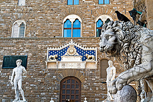 韦奇奥宫,15世纪,狮子,大卫像,市政广场,佛罗伦萨,世界遗产,托斯卡纳,意大利