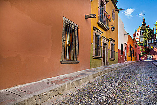 俯视,鹅卵石,街道,教区,圣米格尔,墨西哥