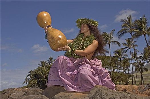 草裙舞,花环,传统服饰,岩石,岸边,拿着,棕榈树,背景
