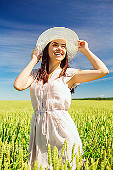 高兴,自然,夏天,度假,人,概念,微笑,少妇,戴着,草帽,农作物