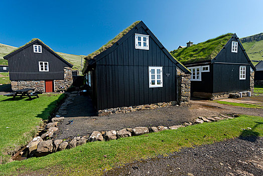 黑色,房子,白色,窗户,框架,传统,风格,木头,石头,草皮,屋顶,法罗群岛,丹麦,欧洲