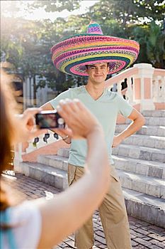 女人,摄影,男人,穿,墨西哥帽