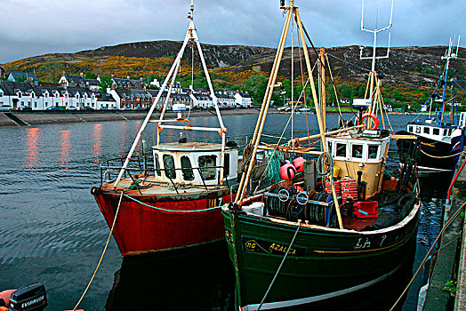 渔船,港口,夜晚,高地,苏格兰