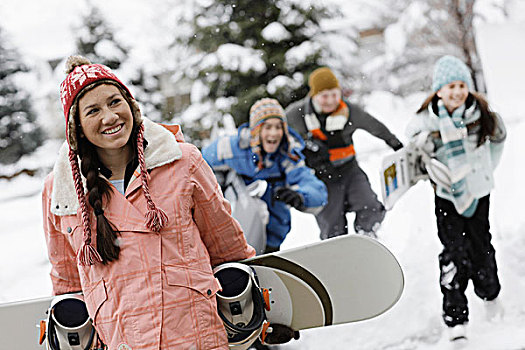 冬天,雪,女孩,滑雪板,三个孩子,后面