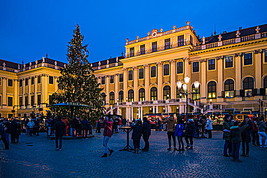 奥地利,维也纳,美泉宫,圣诞市场,晚间