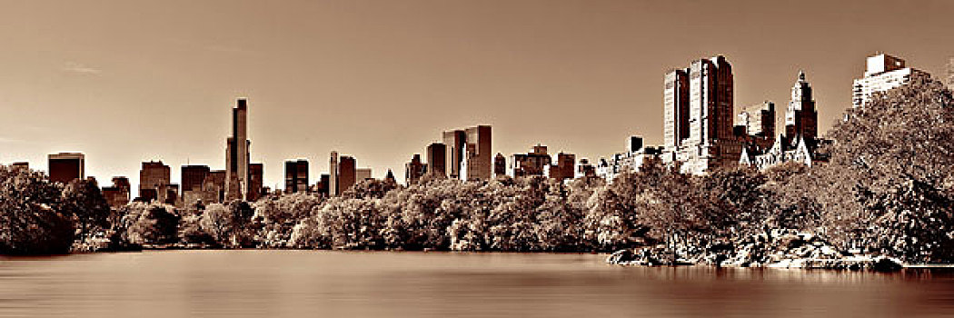 中央公园,秋天,市中心,天际线,上方,湖,曼哈顿,纽约