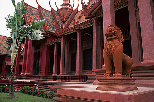 柬埔寨,金边,国家博物馆,入口,狮子,雕塑