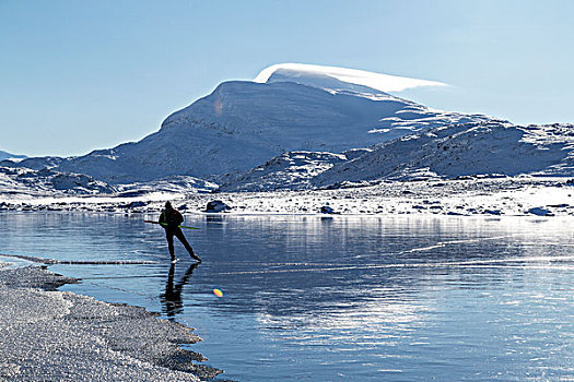 男人,滑雪,冰湖