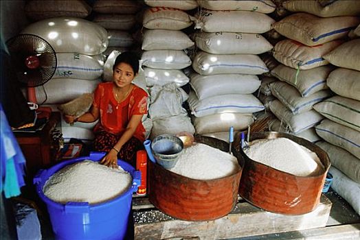 缅甸,仰光,女人,销售,米饭,品质,市场
