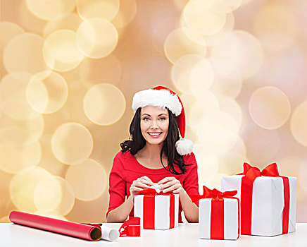 圣诞节,休假,庆贺,装饰,人,概念,微笑,女人,圣诞老人,帽子,纸,礼盒,上方,米色,背景