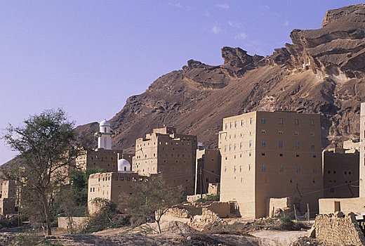 也门,靠近,乡村,泥砖,房子