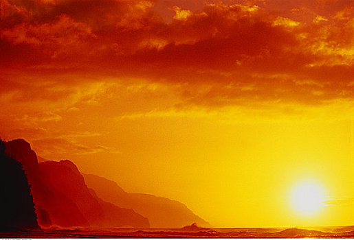 纳帕利海岸,日落,考艾岛,夏威夷,美国