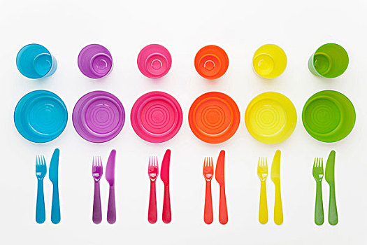 彩色,塑料制品,盘子,杯子,碗,餐具