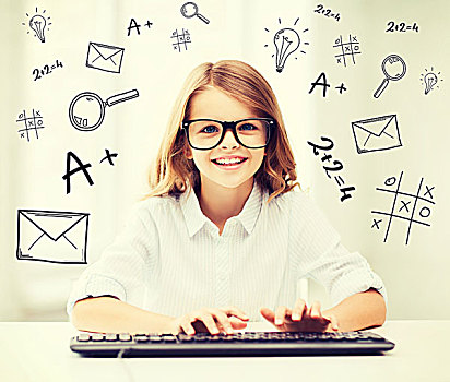 教育,学校,未来,科技,概念,小,学生,女孩,键盘,想像,显示屏