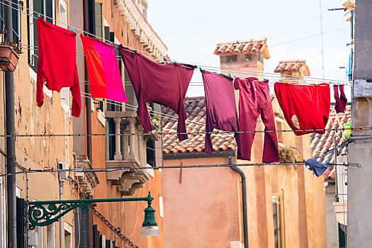 红色,粉色,衣服,晾衣服,户外,传统,房子,威尼斯,威尼托,意大利