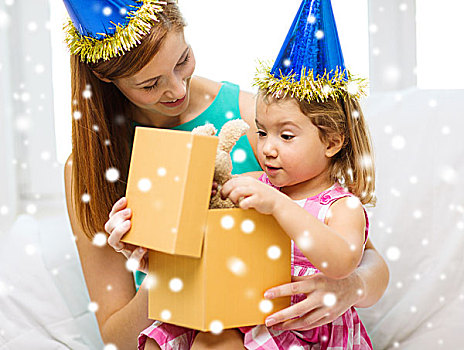 家庭,孩子,休假,人,概念,高兴,母女,蓝色,派对帽,礼盒