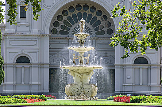喷泉,正面,建筑,皇家展览馆,卡尔顿花园,墨尔本,澳大利亚