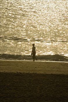 侧面,一个人,走,海滩,比亚里茨,法国