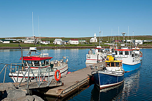 港口,小,捕鱼,船,建筑,教堂,冰岛,斯堪的纳维亚,北欧,欧洲