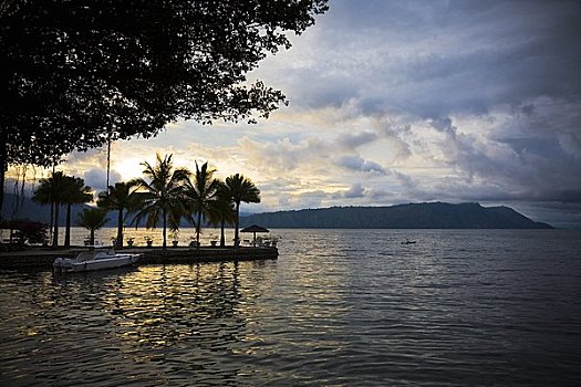 棕榈树,码头,日落,湖,苏门答腊岛,印度尼西亚