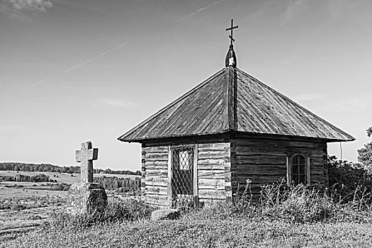 古老,木质,东正教,小教堂,石头,十字架,普斯科夫地区,黑白图片