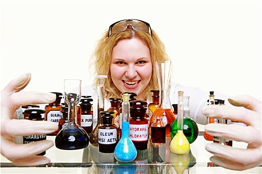 疯狂,化学家,女人,化学品,玻璃器皿,长颈瓶,隔绝