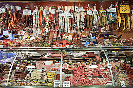 西班牙,巴塞罗那,市场,肉,店面展示