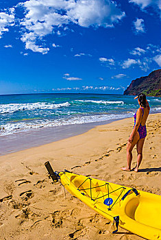 女人,皮艇,波里哈雷沙滩,海滩,州立公园,岛屿,考艾岛,夏威夷,美国