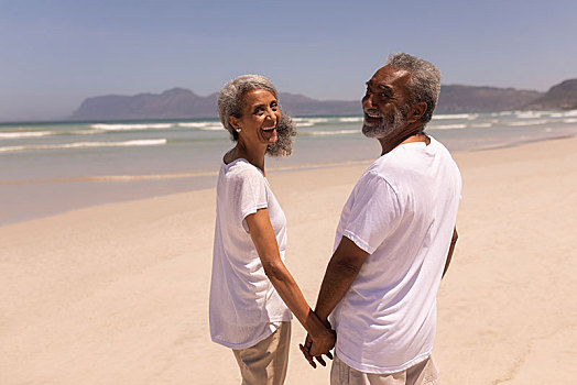 高兴,老年,夫妻,握手,看镜头,海滩