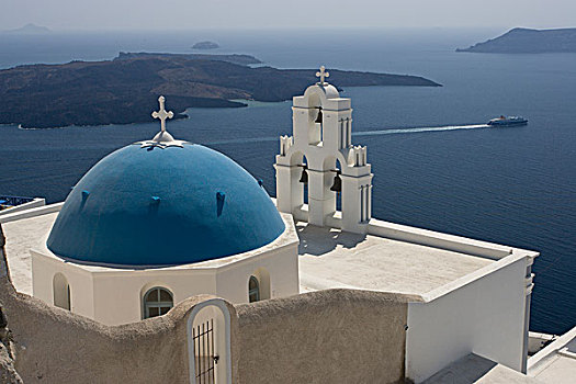 希腊,锡拉岛,希腊正教,白色,钟楼,俯瞰,奢华,游艇,爱琴海