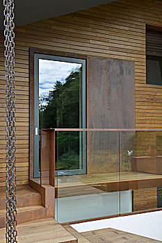 特写,木头,玻璃门,金属,玻璃,栏杆,台阶
